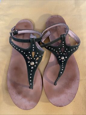 Vanessa Bruno green leather suede studded flat sandals